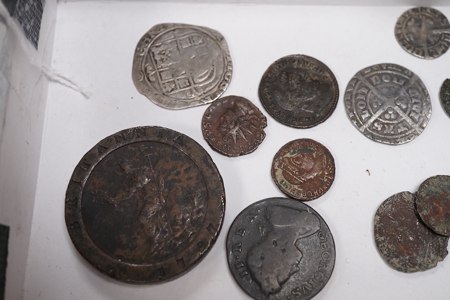 British Hammered coins, including a groat, Charles I shilling, Edward penny, two Roman AR denarius, other coins